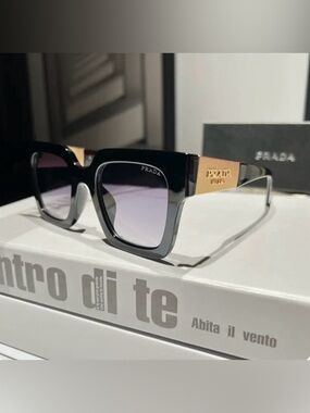 Prada Black Oversized Square Matte Brushed Gold Tone Logo Sunglasses Unisex